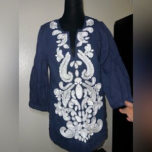 Lilly Pulitzer Womens Blue Embroidered Beaded Vacation Tunic Linen Shirt Med